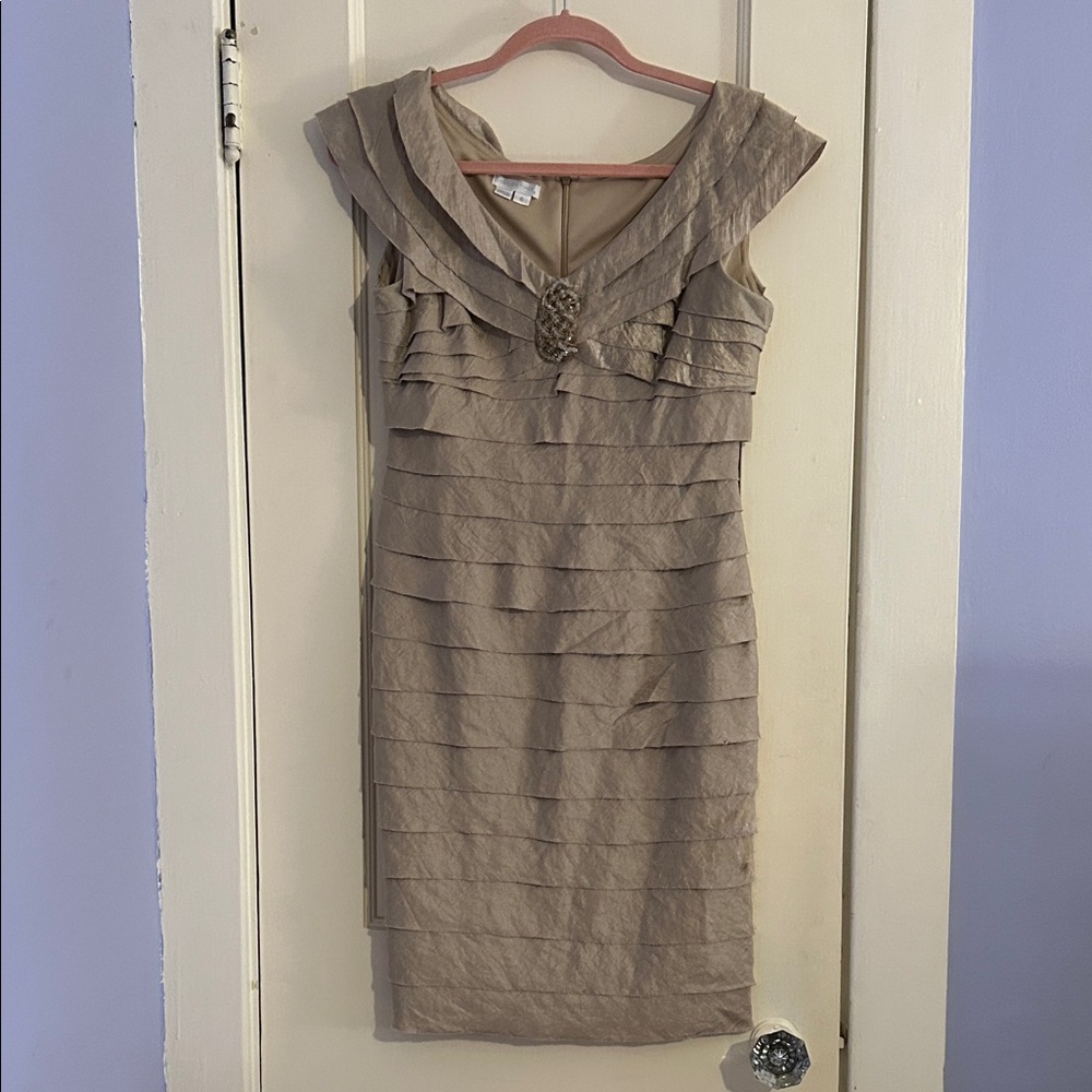 London Times Shimmery Gold Layered Cocktail Dress